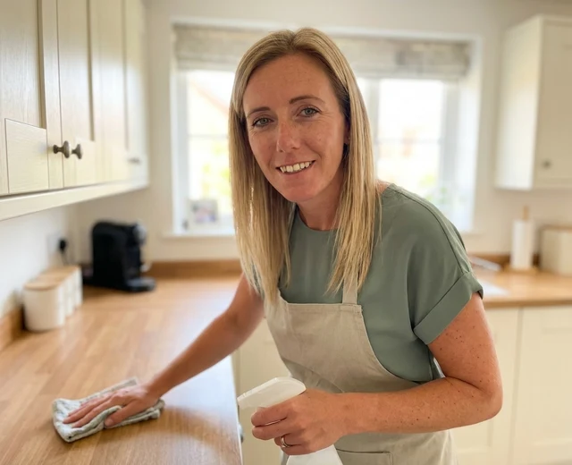 Chantelle Barratt spray-and-wipe cleaning a worktop in a Derby home