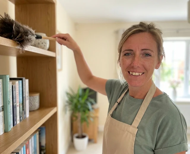 Chantelle Barratt dusting a shelf during a Derby home clean